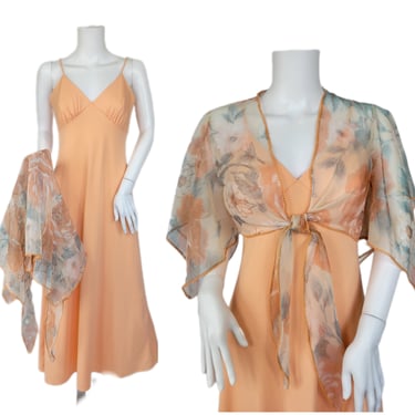 1970's Peach Poly Disco Maxi Dress with Chiffon Top I Sz Med I Butterfly Wing Sleeves 