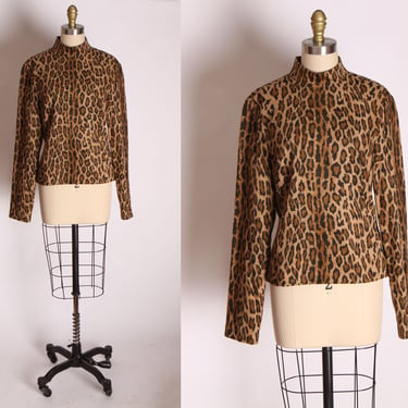 1960s Textured Faux Fur Fuzzy Leopard Print Long Sleeved High Collar Shirt -L 