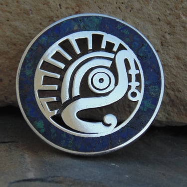 Miguel Melendez ~ Vintage Taxco Sterling Silver and Crushed Blue and Green Stone Tribal War Eagle Circle Pin / Brooch 