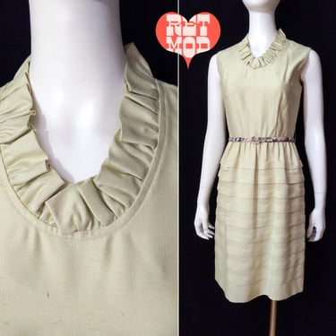 Pretty Vintage 60s Light Dusty Pastel Green Sleeveless Party Dress with Ruffle Trim and Pintuck-Style Skirt 