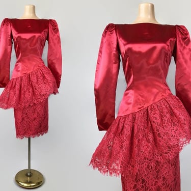 Vintage 80s Red Satin and Lace Peplum Cocktail Party Dress by Sylvia Ann Size 8 | 1980s Fluffy New Wave Prom Dress | vfg 