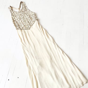 1930s Cream Sequin Bias Cut Gown AS IS 