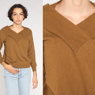 Brown Wool Sweater Y2K Knit Pullover Sweater V Neck Shawl Collar Basic Plain Minimalist Knitwear Cozy Jumper Simple Fall Vintage 00s Small S 
