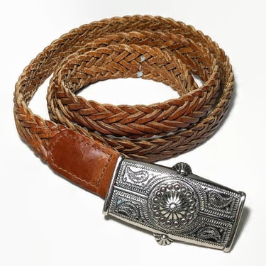 VINTAGE 90s Brown Leather Braided Belt With Chunky Silver Metal Buckle | 1990s Woven Belt | Size Large Up To 41