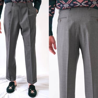 Vintage 90s Giorgio Armani Collezioni Charcoal Gray Wool Gabardine Pleated Cuffed Slacks | Made in Italy | 1990s Armani Designer Mens Pants 