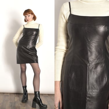 Vintage 1990s Dress / 90s Workshop Leather Mini Dress / Black ( small S ) 