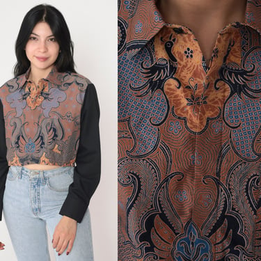 Psychedelic Crop Top 90s Button up Blouse Paisley Floral Bird Print Cropped Shirt Boho Long Sleeve Collar Summer Hippie Vintage 1990s Small 