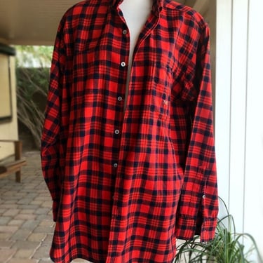 Mens 1950's Red Plaid Shirt Vintage Button Down, LIKE NEW, Large, Rockabilly Work Oxford, 50" Chest 