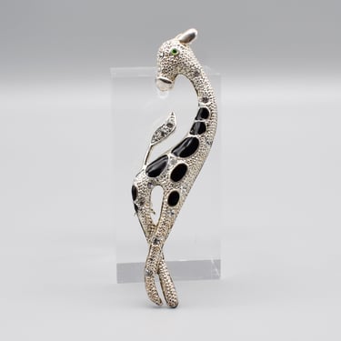 80's kitsch giraffe rhinestone enamel silver tone brooch, funky metal green-eyed spotted animal pin 