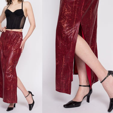 90s Blood Red Snakeskin Maxi Skirt - Medium to Large | Vintage High Waisted Side Slit A Line Skirt 