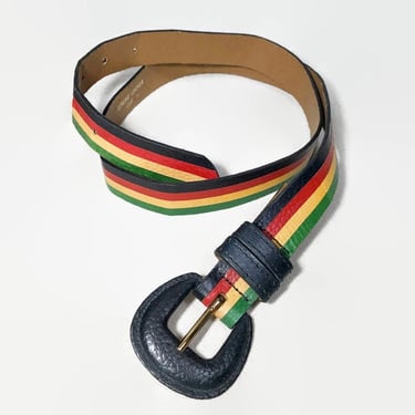 VINTAGE 90s Colorful Rasta Striped Leather Belt by Talbots | 1990s Reggae Style Classic Belt | Size Large Up To 35" Waist VFG 