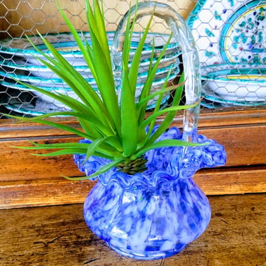 Blue Glass Vase with Handle~Blue & White Flower Vase, Candy Dish~Vintage Basket-style Vase~Succulent Planter~JewelsandMetals 