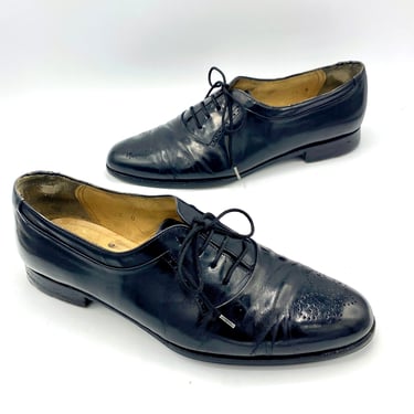 Vintage Bally of Switzerland Dress Shoes, Black Leather Oxfords, Sleek Lace-ups w/Brogue Detail on Toe, Mens US Size 7 1/2 D / Womens 9 