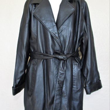 Vintage 1990s Wilsons Leather Short Trench Coat, 2XL Women, black leather coat 
