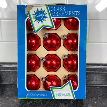 Vintage Red Coby Glass Christmas Tree Ornaments 2 1/4", Made in the U.S.A, Original Box of 12, Vintage American Made Glass Products 