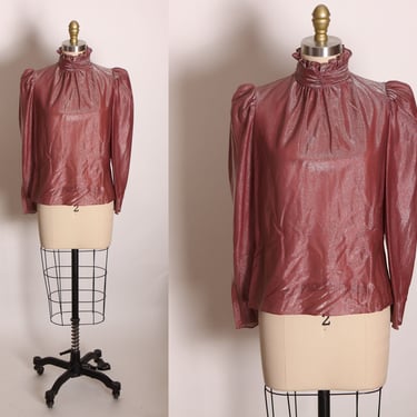 1970s Dark Pink Metallic Hue Long Sleeve High Collared Button Up Neck Blouse by That’s It California -L 