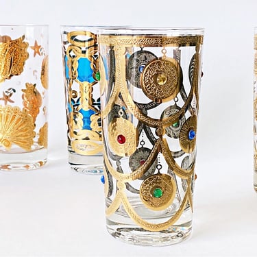 4 Culver & Fred Press Bar Glasses | Mid-Century Jewel-Tone and Gold Highball Tumblers | Curated Mismatched Collection of Luxury Designs 