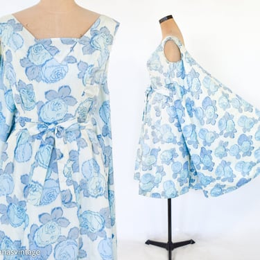 1950s Blue Brocade Cocktail Dress | 50s Blue Rose Print Silk Party Dress | XS 