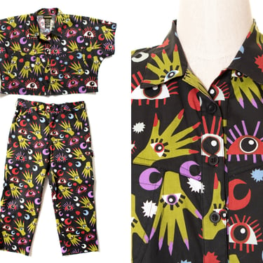 Modern Two Piece Set | NOOWORKS "Witchy Ways" Button Up Top Painter Pants Novelty Print Hands Eyes Moons Black Outfit (x-large/xxl) 