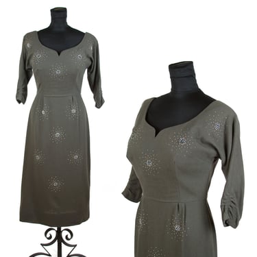 Vintage 1950s Dress ~ Bombshell Lilli Diamond Studded Grey Wool Wiggle Dress 