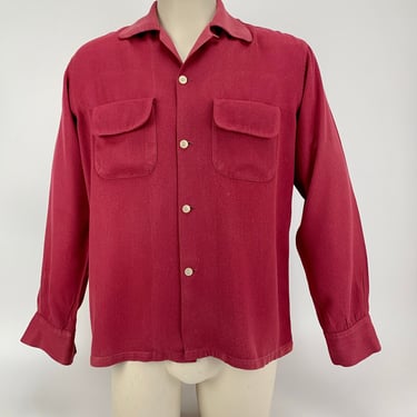1940's Rayon Gabardine Shirt - Burgundy Gabardine - PILGRIM LABEL  - Flap Patch pockets - Loop Collar - Men's Size MEDIUM 