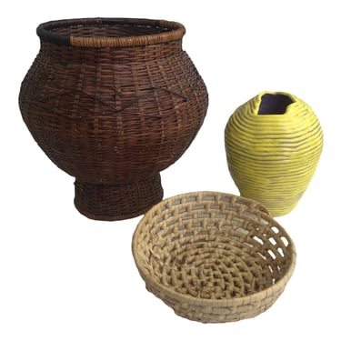 Vintage Natural Woven Bamboo Rattan Wicker Planter Basket | Organic Form Pedestal Base | Boho Display Decor 