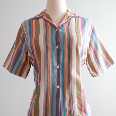 Stylish 1960's Striped Cotton Blouse / Sz M