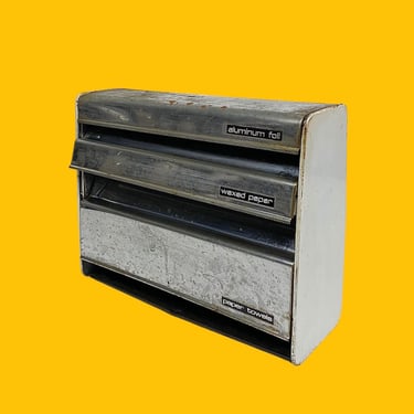 Vintage Kitchen Wrap Dispenser Retro 1960s Mid Century Modern + Lincoln + Beautyware + Silver + White + Metal + 3 Slots + MCM Wall Storage 