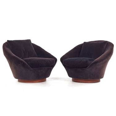 Milo Baughman Style Mid Century Walnut Swivel Lounge Chairs - Pair - mcm 