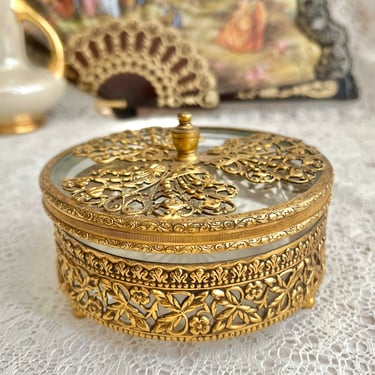 Gold Ornate Jewelry Box, Ormolu, Circular, Hollywood Regency, Trinket Box, Mid Century Vintage 