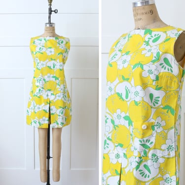 vintage 1960s mod romper • bright yellow & white novelty fruit print shorts onesie shorts outfit 