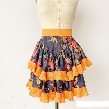 1970s Black and Orange Floral Ruffled Skirt, sz. S