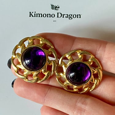 80s Purple Glass Cabochon Gold Braided Chain Earrings