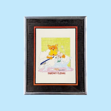 Vintage Suzanne Weber Print 1970s Retro Size 10x8 Contemporary + Squeaky Clean + Cat and Mouse + In Bathtub + Bathroom Decor + Kids Wall Art 