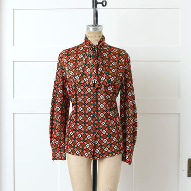 vintage 1970s bow collar blouse • bold print top in orange & green with long puff sleeves 