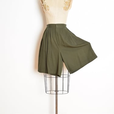 vintage 80s culotte shorts high waisted olive green wide leg pleated S military skort 