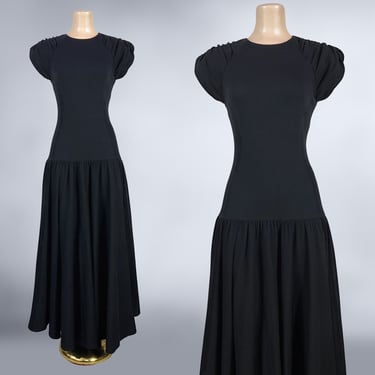 VINTAGE 80s Black Cotton Drop Waist Gothic Romance Dress by Michelle Stuart Sz Small | 1980s Ruched Shoulders Pockets Sundress Dress | VFG 