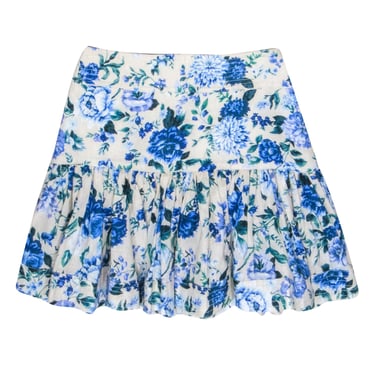 Zimmermann - Cream w/Blue Floral Print Linen Skirt Sz 6