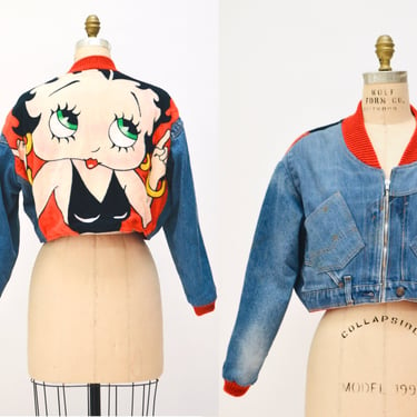 90s Vintage Denim Jacket with Betty Boop by Too CUTE// 90s Deconstructed Denim Jean Jacket with Betty Boop Medium Pop Culture Jean Jacket 