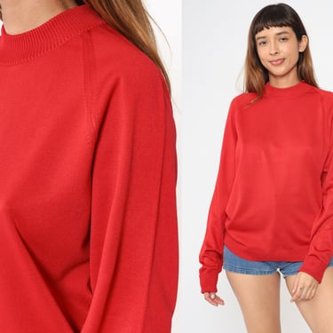 Red Mock Neck Sweater 70s Polyester Knit Sweater Raglan Sleeve Pullover Jumper Plain 1970s Vintage Medium Large 