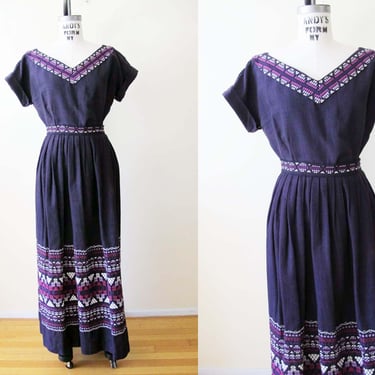 Vintage 60s Guatemala Top Maxi Skirt Embroidered Matching Set S/M - 1960s Purple Hand Woven 2 Piece  Dress - Pelux - Folk Aztec Mexico Boho 