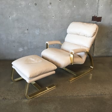 Hollywood Regency Leather / Brass Italian Lounge Chair with Ottoman