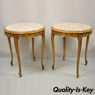 French Provincial Hollywood Regency Round Pink Marble Top Side Tables - a Pair