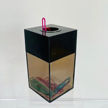 Vintage 1980s Retro Smoke Grey Acrylic Square Cube Desk Magnetic Paper Clip Holder Cup Dispenser 