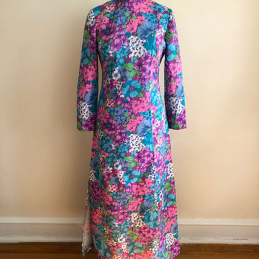Bright Floral Print Maxi Dress with Mock Neck - 1970s 