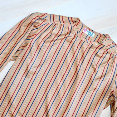 Vintage 70s Striped Secretary Blouse, 1970s Satin Blouse, Puff Sleeves, Stripe, Brown, Buttons 