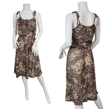 1970s Brown Ivory Spaghetti Strap Floral Poly Dress I Sz Sm 