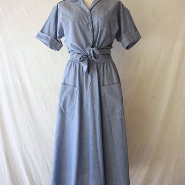 70s Chambray Blouse and Skirt Two Piece Dress Set Size S / M 