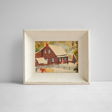 Vintage Framed Barkcloth Winter Scene pf a Cabin and Farm, Small Framed Fabric Art 