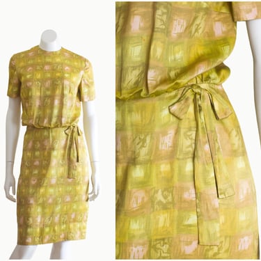 Vintage 1960s Ochre Geometric Print Dress with Bow Detail | Short Sleeves | Blouson 